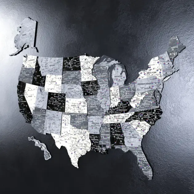 Monochrome Wooden United States Push Pin Travel Map Wall Art