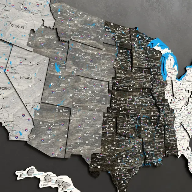 Wooden United States Time Zone Push Pin Map For Travel Planning
